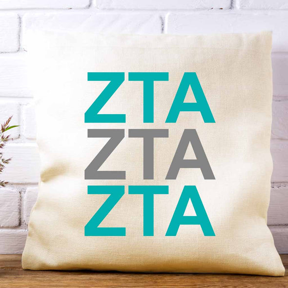 Zeta Tau Alpha sorority letters digitally printed in sorority colors on white or natural cotton throw pillow cover makes a great affordable gift idea.