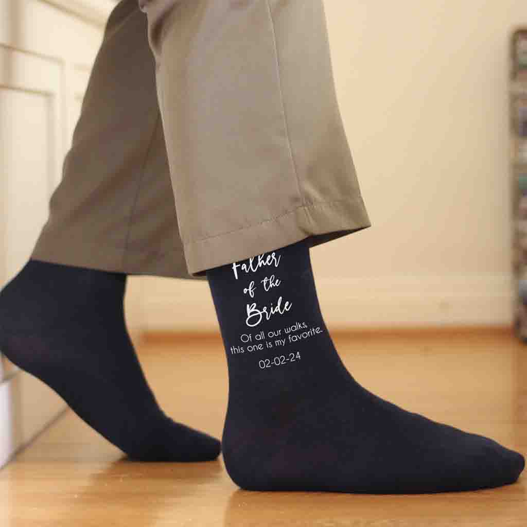 Custom printed father of the bride wedding day socks custom printed with your wedding date and cute saying.