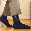 Navy wedding socks custom printed with everything I am I owe to my father printed on flat knit socks with father of the groom and your wedding date.