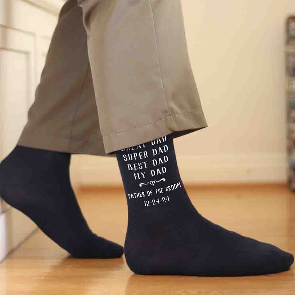 Custom printed flat knit dress socks personalized with your wedding date and father of the groom special saying.