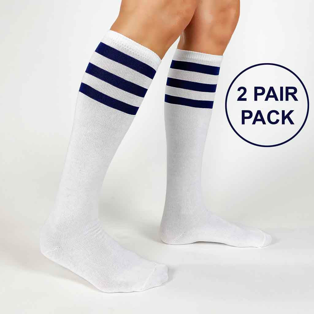 cotton navy stripes knee high socks for women on sale now