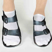Cool original design by socksprints, custom printed black sandal feet socks printed on white cotton no show socks.