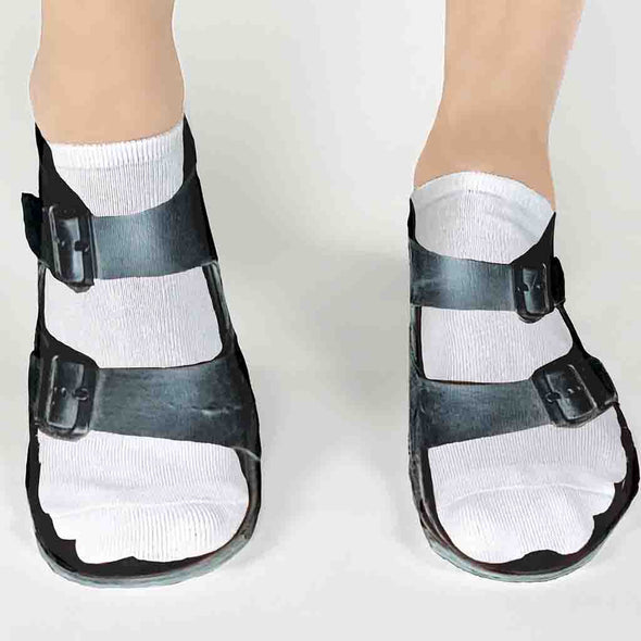 Cute black sandal design digitally printed on white no show socks make a great gift.