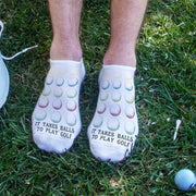Golf balls design by sockprints custom printed white cotton no show socks and it takes balls to play golf make the perfect pair of socks.