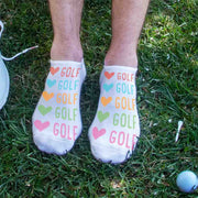 Hearts and golf design digitally printed on the top of the white cotton blend no show socks.