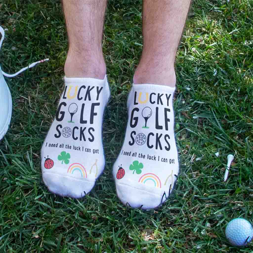 These cotton blend 1/2 cushion no show socks are digitally printed on the top of the socks with a funny lucky golf sock design.