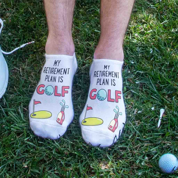 Retirement plan golf design digitally printed on the top of the comfy white cotton no show socks are perfect for your day on the green.