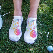 Perfect socks for the golfer are these custom printed par tee golf rainbow design printed on no show socks.