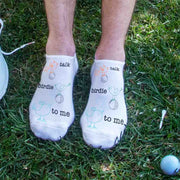 Custom printed comfy white cotton blend no show golf socks with cotton comfort, keeping feet happy through a round of golf.