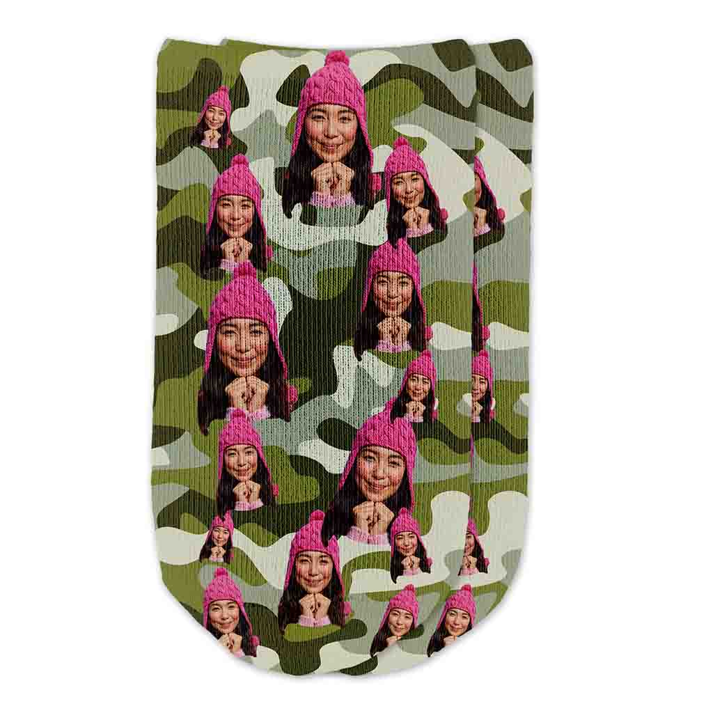 Fun photo collage face socks custom printed on no show socks with camouflage background.
