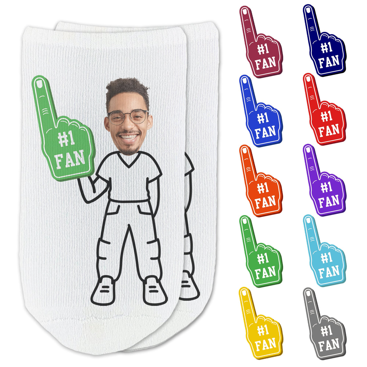 Custom printed #1 fan foam finger design with your cropped photo face on a character clothing you select digitally printed on white cotton no show socks.