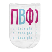 Pi Beta Phi sorority letters and name digitally printed on no show socks.