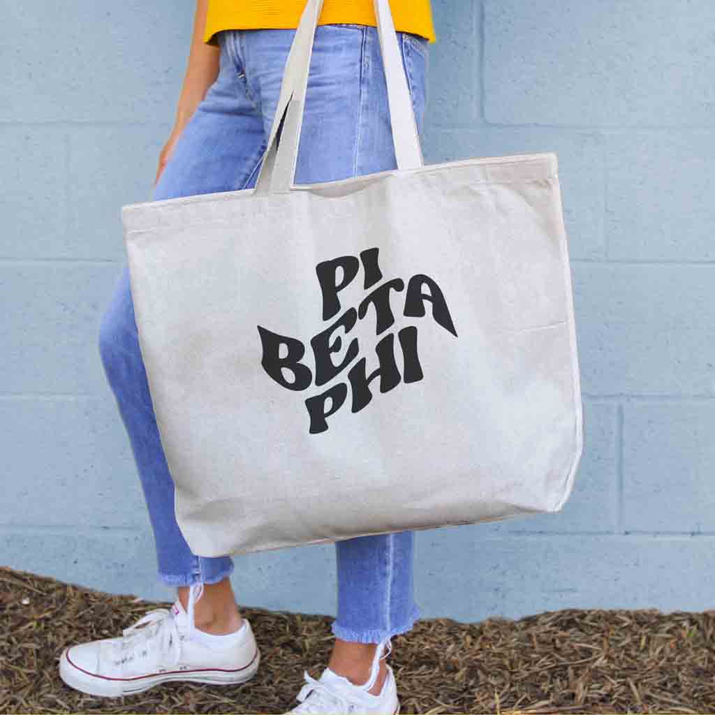 Pi Beta Phi digitally printed simple mod design on roomy canvas sorority tote bag.