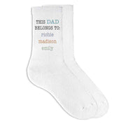 This Dad belongs to and his kids names digitally printed on the side of the socks.