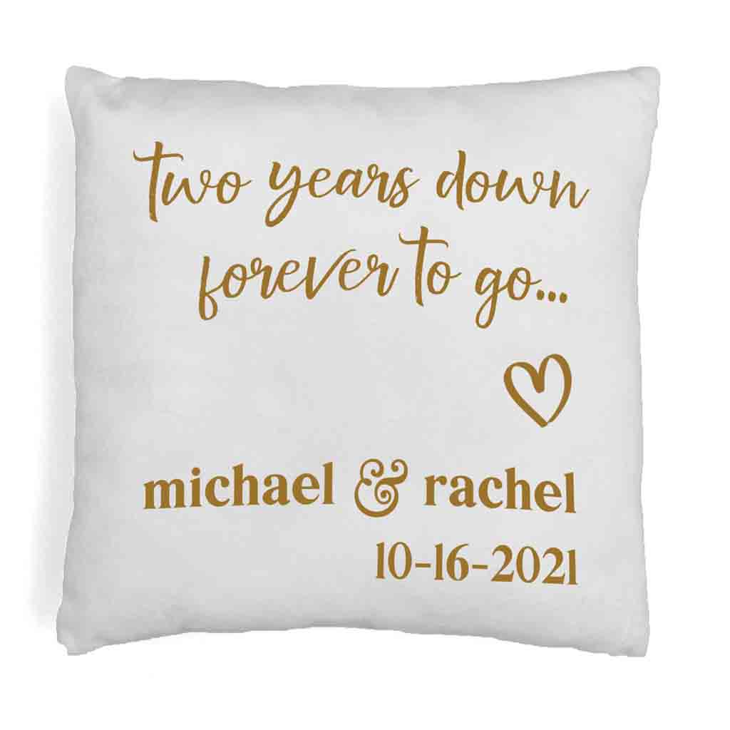 Two year anniversary design custom printed on throw pillow cover with your names and date.