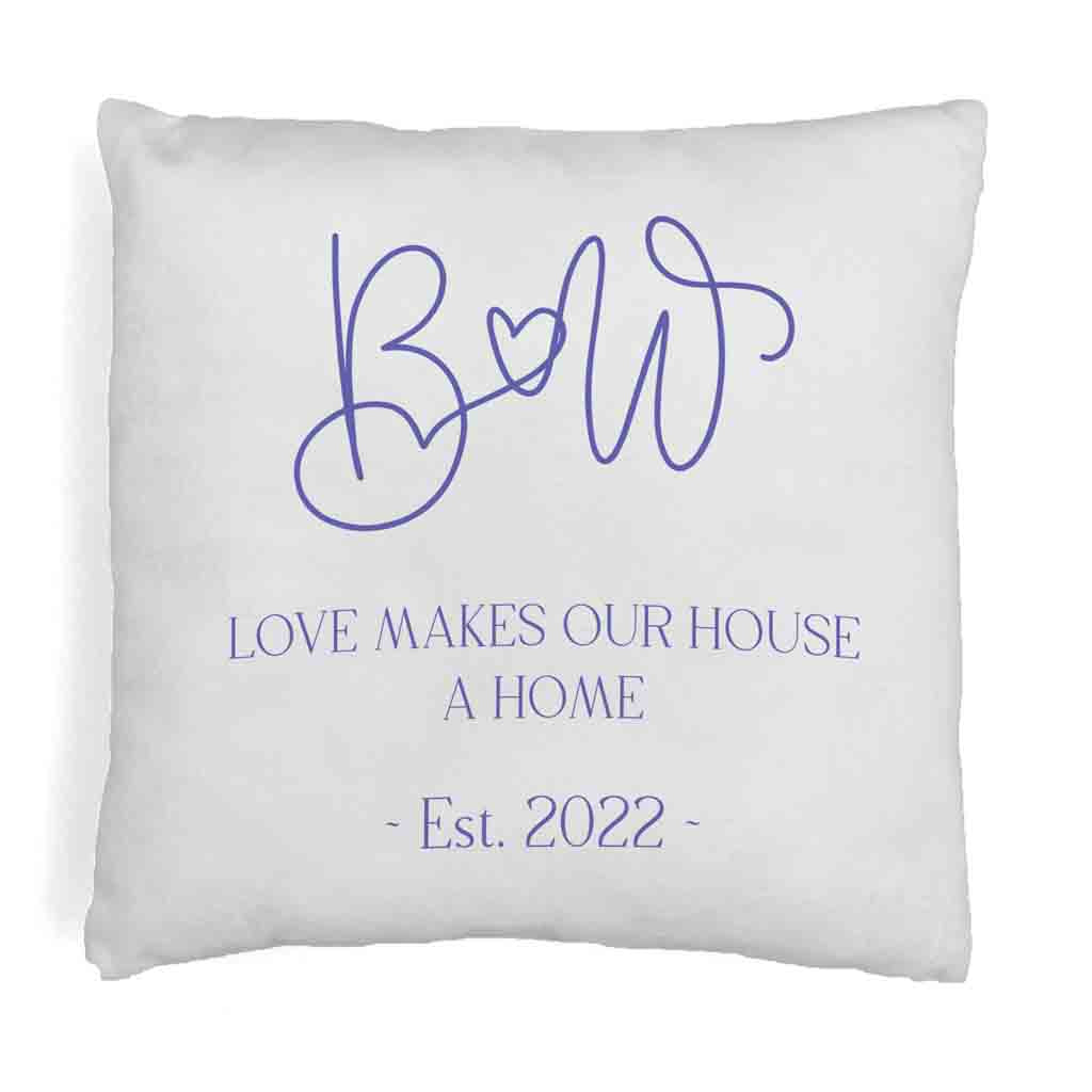 Cute custom printed love makes a house a home design personalized with your date and initials on throw pillow cover.