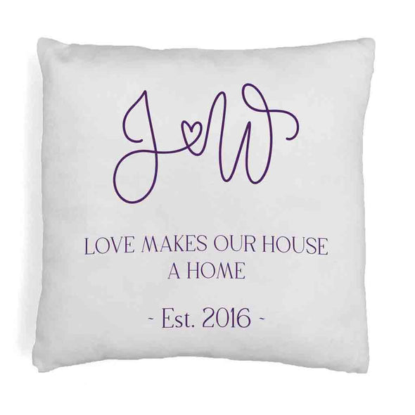Custom printed pillow cover personalized with your initials and date established with ink color of your choice.