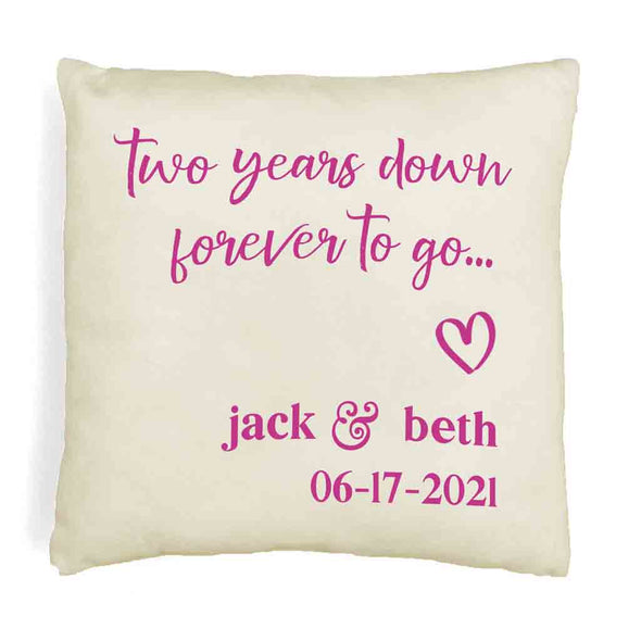 Two year anniversary design custom printed with your names and date on throw pillow cover.