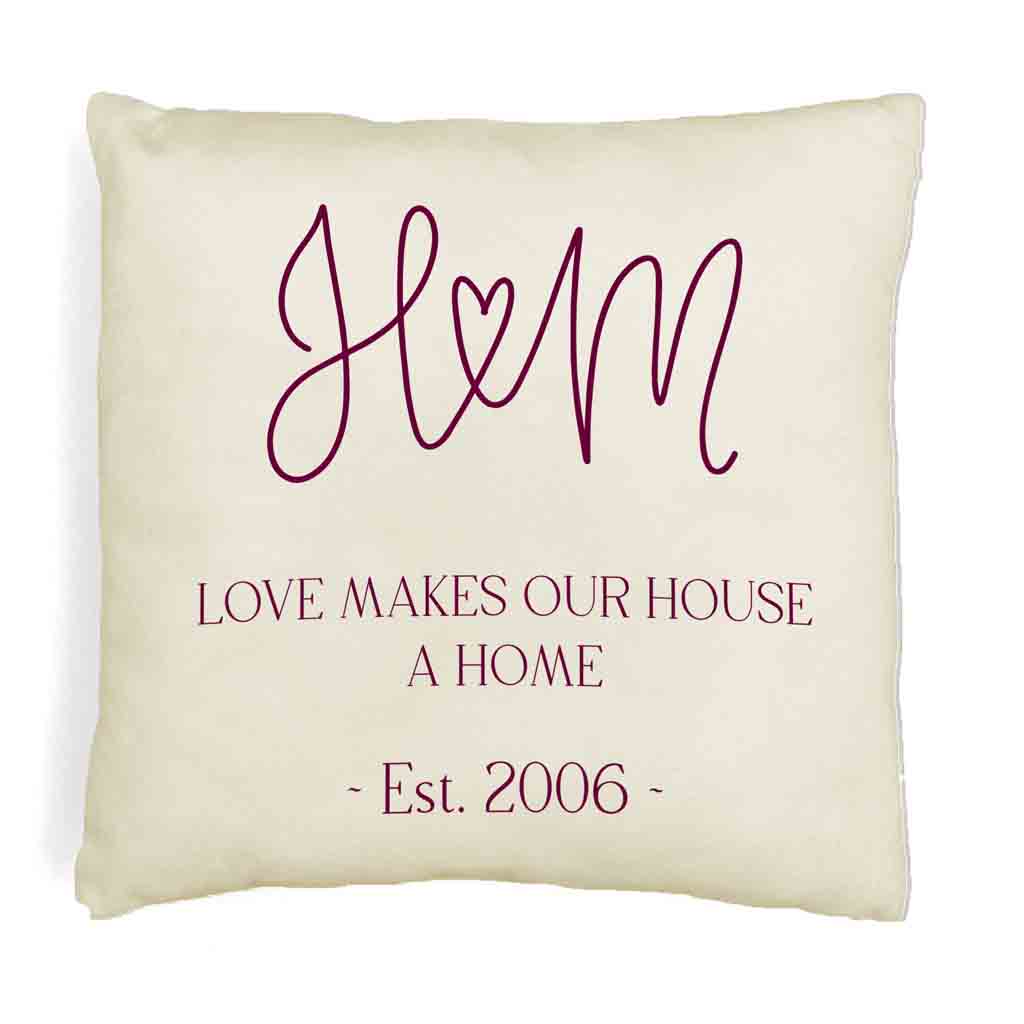 Love makes our house a home design personalized with your initials and established date printed on throw pillow cover.