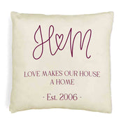 Love makes our house a home design personalized with your initials and established date printed on throw pillow cover.