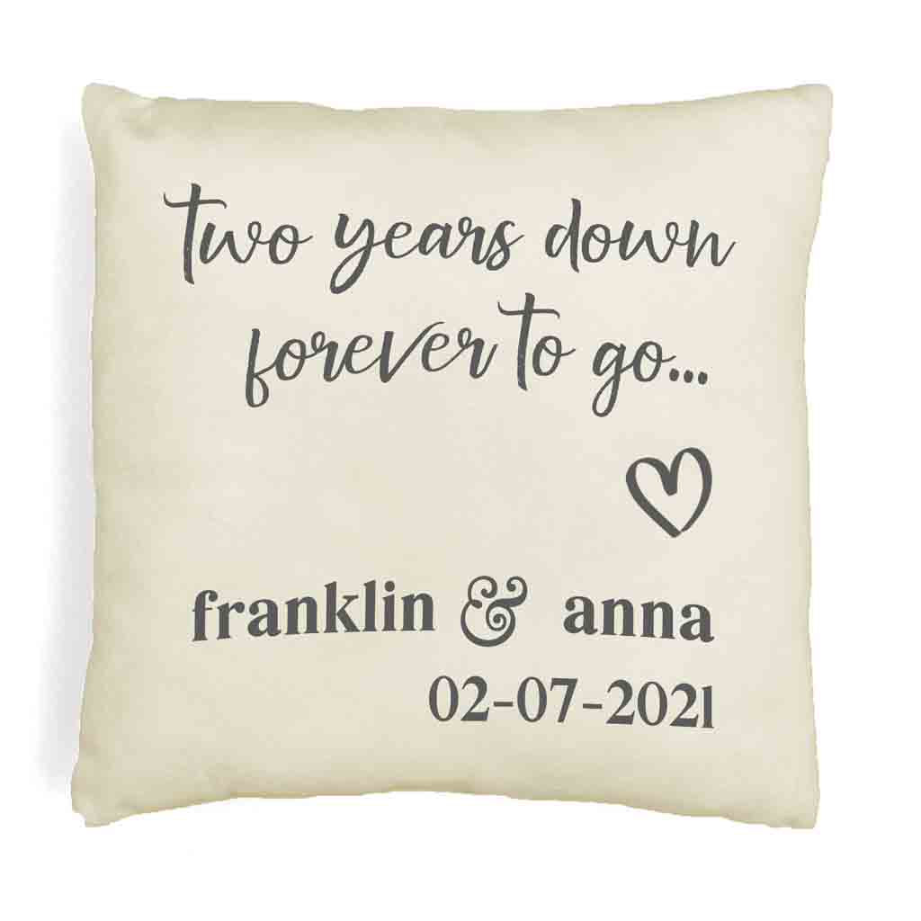 Two years down forever to go design by sockprints custom printed with your names and date on throw pillow cover.