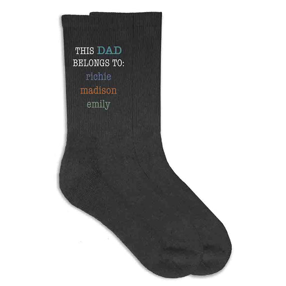 This Dad belongs to and his kids names digitally printed on the side of the socks.
