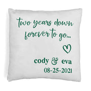 Two year anniversary design digitally printed on accent throw pillow cover and personalized with your date and names.