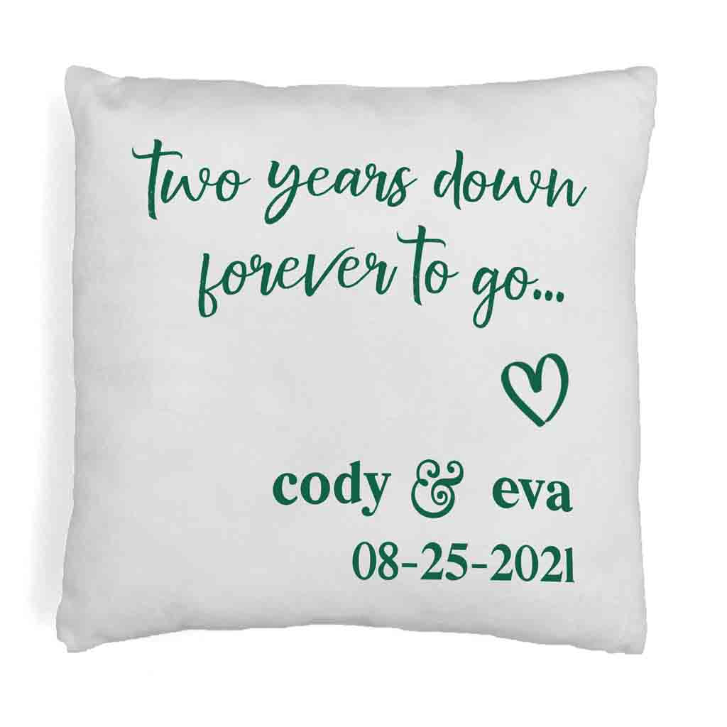 Two year anniversary design digitally printed on accent throw pillow cover and personalized with your date and names.