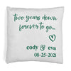 Two year anniversary design digitally printed on accent throw pillow cover and personalized with your date and names.