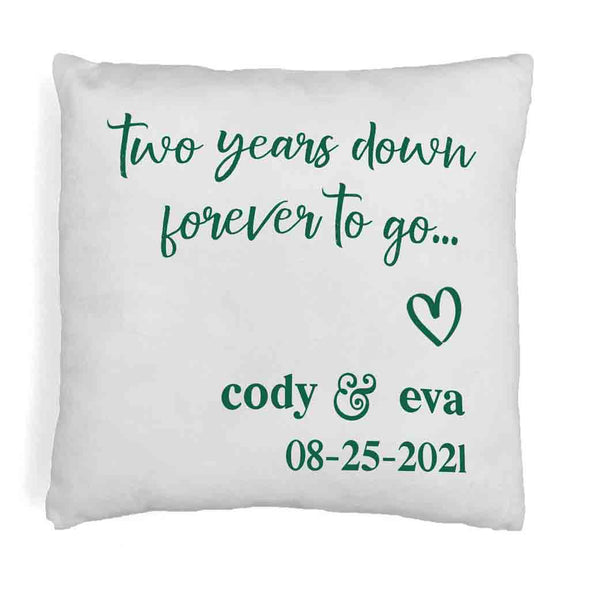 Two year anniversary design digitally printed on accent throw pillow cover and personalized with your date and names.