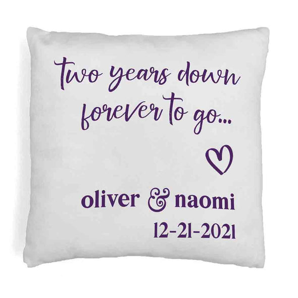 Two year anniversary design digitally printed with your names and date on accent throw pillow cover.