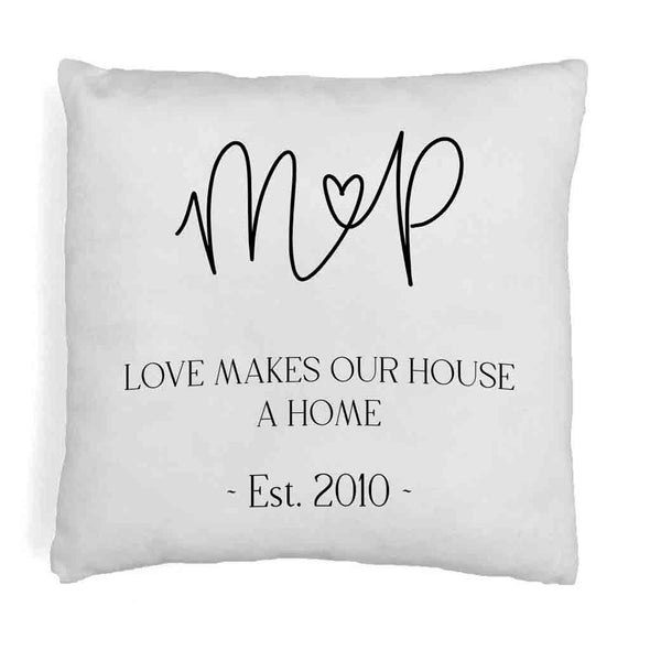 Fun throw pillow cover custom printed love makes our house a home design personalized with your initials and date.