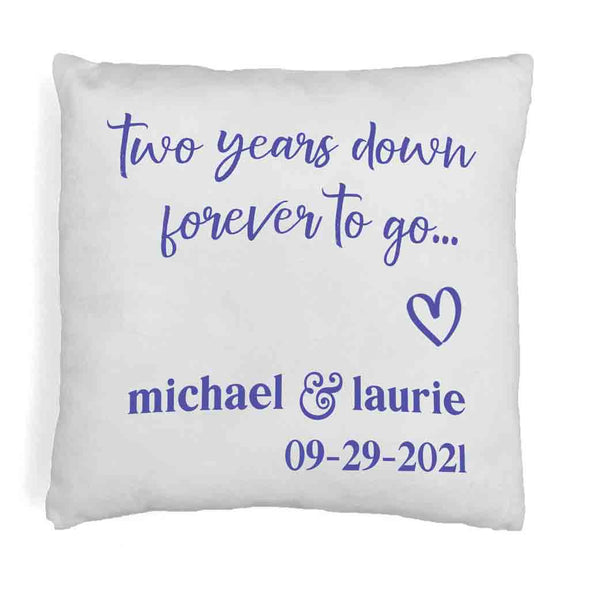 Custom printed two year anniversary design personalized with your names and date on accent throw pillow cover.