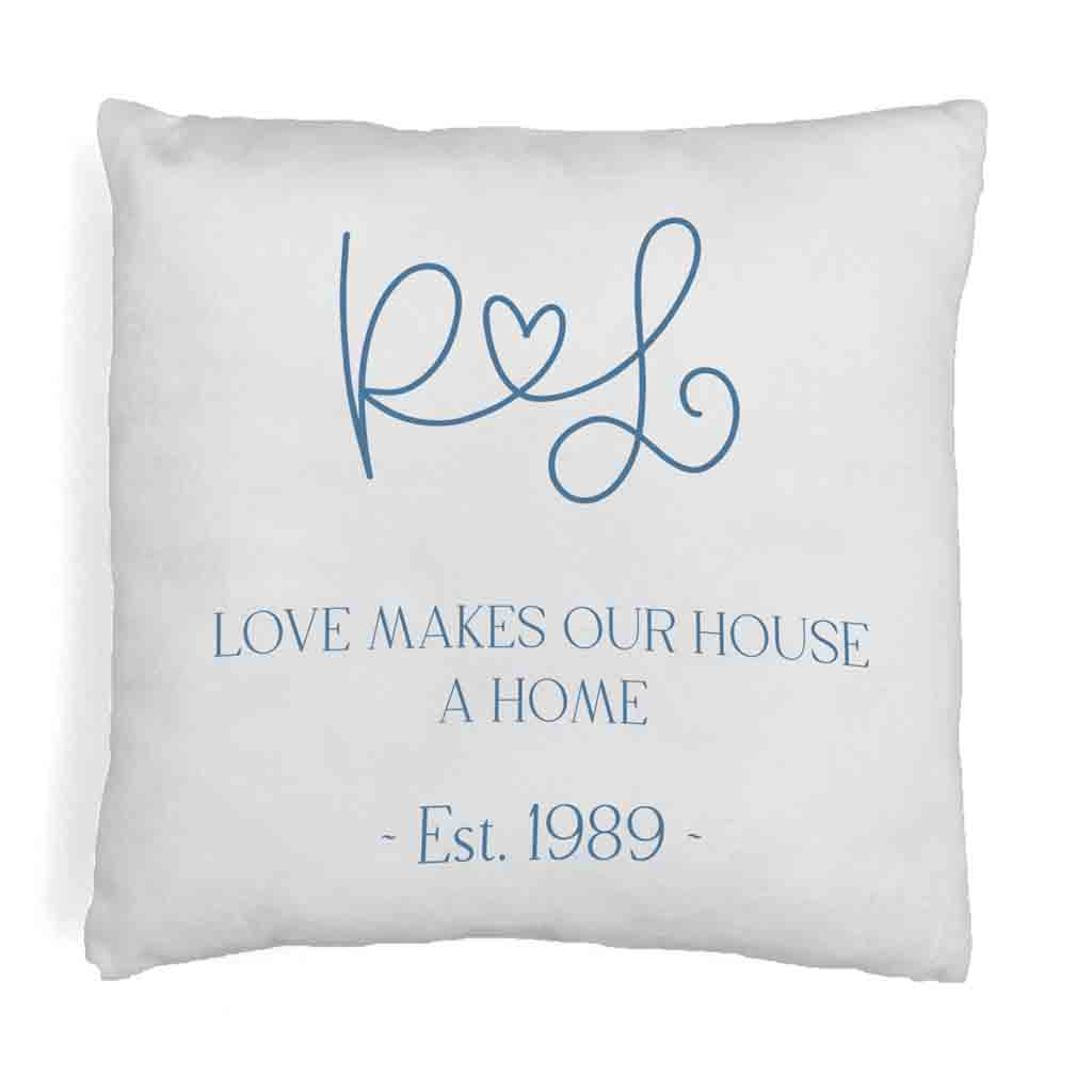 Personalized throw pillow cover custom printed with your initials and date established.