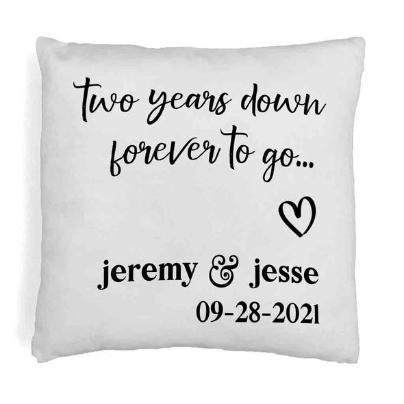 Two year anniversary design digitally printed on throw pillow cover with names and date.