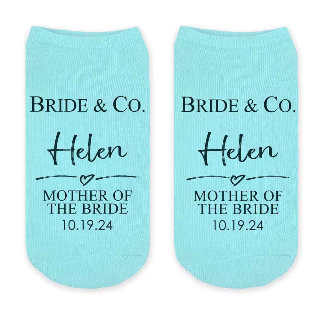 Bride and Co tiffany inspired design custom printed on turquoise cotton no show socks digitally printed in black ink with your name, date, and bridal party role.