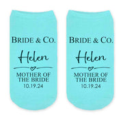 Bride and Co tiffany inspired design custom printed on turquoise cotton no show socks digitally printed in black ink with your name, date, and bridal party role.