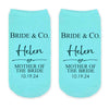 Bride and Co tiffany inspired design custom printed on turquoise cotton no show socks digitally printed in black ink with your name, date, and bridal party role.