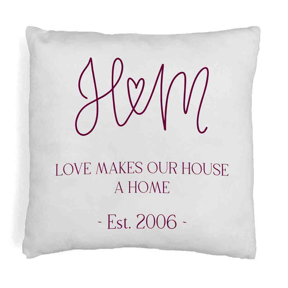 Custom printed throw pillow cover digitally printed design personalized with your initials and date.
