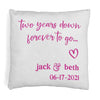 Super cute accent throw pillow cover digitally printed with two year anniversary design and personalized with your names and date.