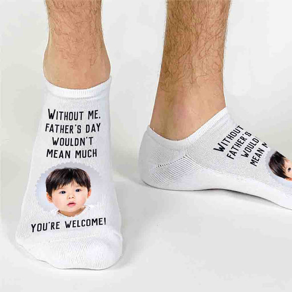 Customized fathers day no show socks digitally printed with saying and your photo.