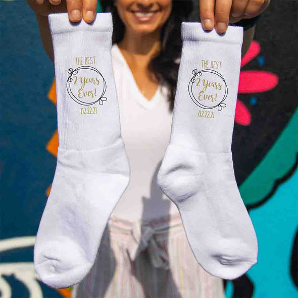 The best two years ever design with your wedding date digitally printed on white cotton crew socks.