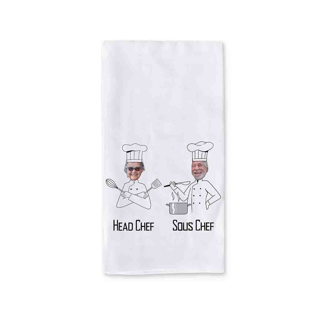 Head Chef and Sous Chef design digitally printed design with your own photo face digitally printed on kitchen towel.