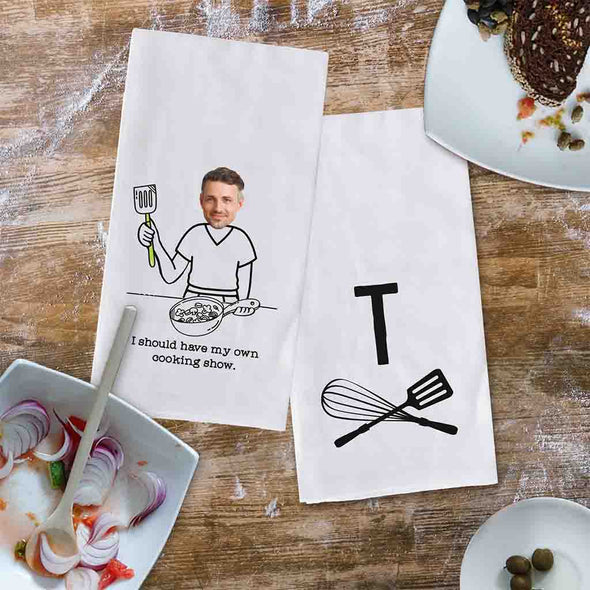 My own cooking show two piece dish kitchen towel set custom printed and personalized with your photo and initlal.