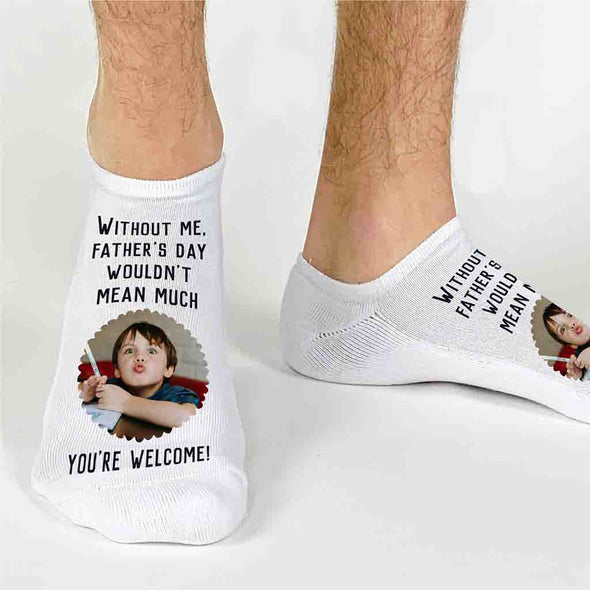 Customized fathers day no show socks digitally printed with saying and your photo.