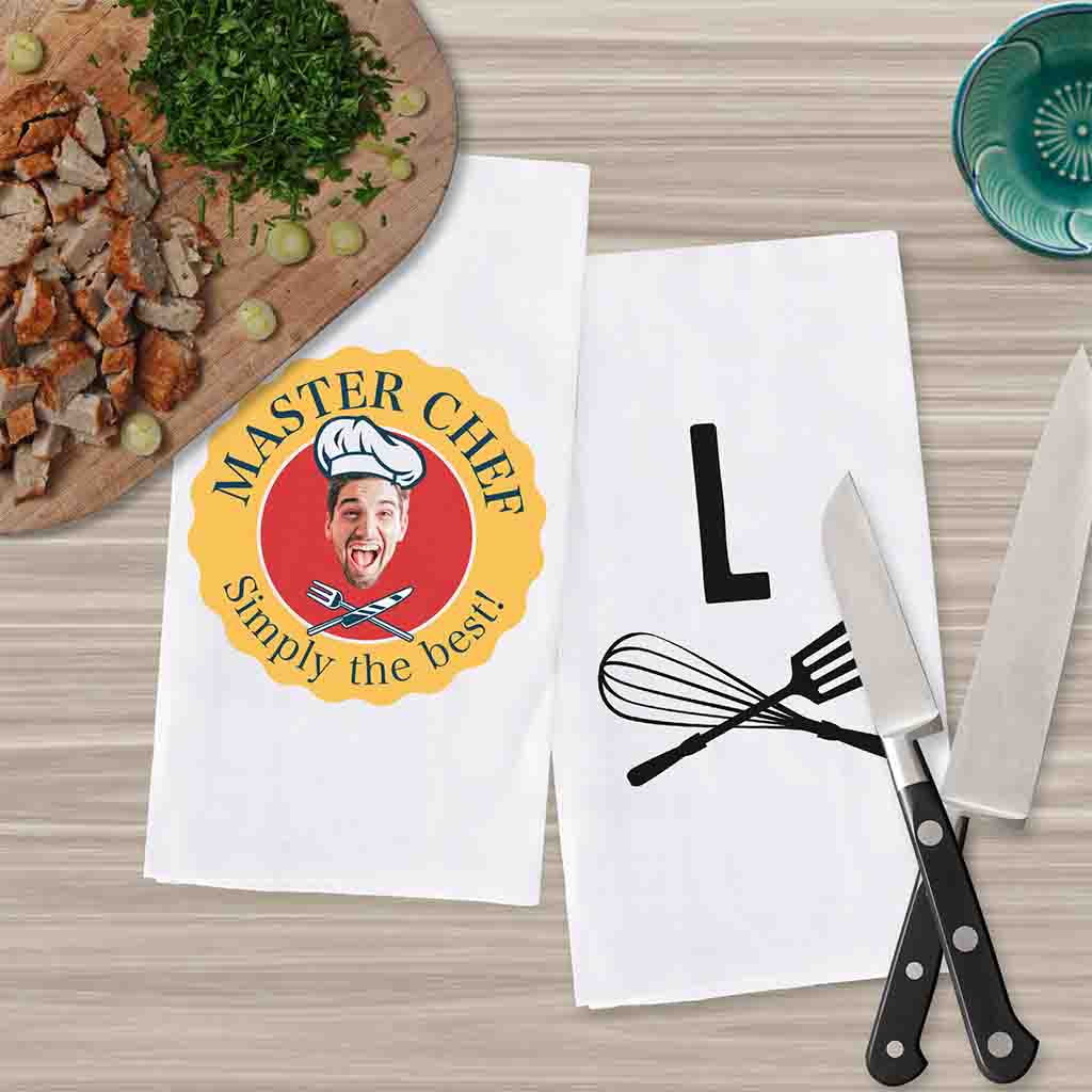 Custom printed two piece photo dish towel set for the gourmet cook personalized with your initial.