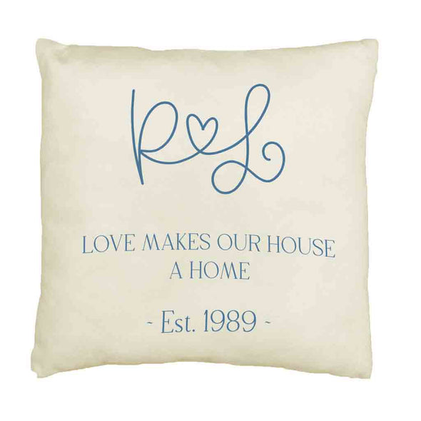 Love makes our house a home design printed on throw pillow cover with your initials and established date.