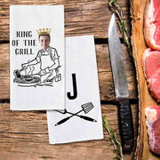 King of the Grill custom photo dishtowel for the grill master personalized gift set with monogram initial.