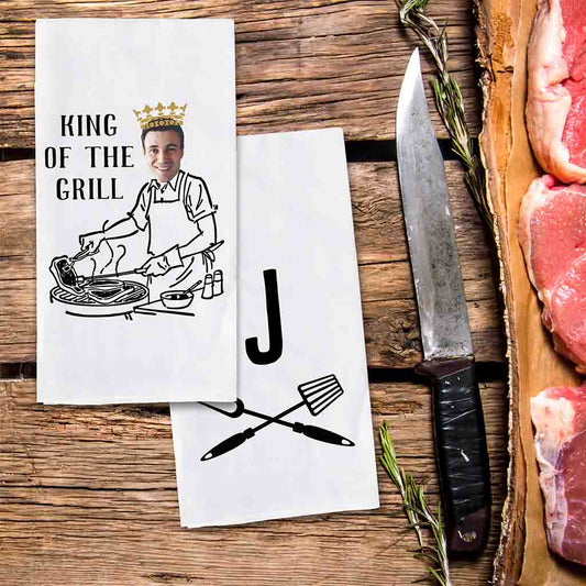 King of the Grill custom photo dishtowel for the grill master personalized gift set with monogram initial.