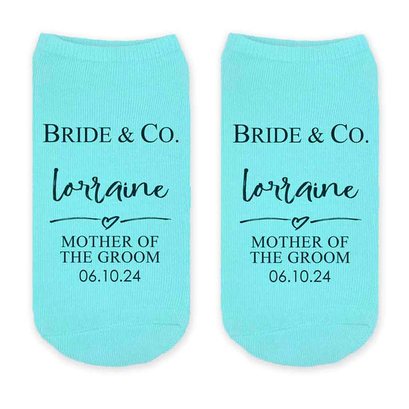 Fun personalized wedding party socks custom printed with your name, date and role with a tiffany inspired design.